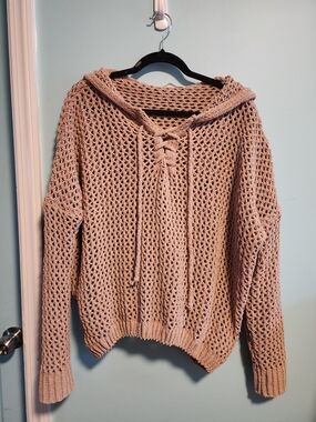 Miracle Beige Open-Knit Lace-Up Hoodie